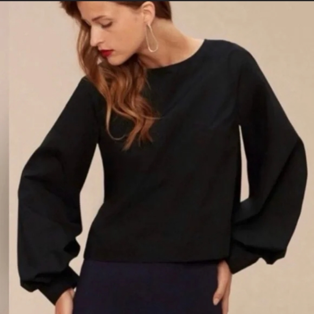 Aritzia Babaton NIKI Poplin Pleated Bubble Long Sleeve Shirt Blouse Black Small